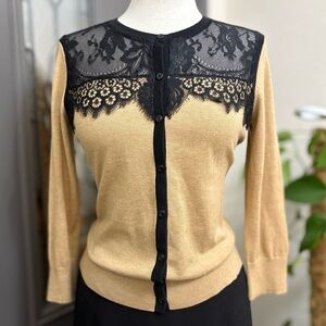 LOFT Chic Beige Knit Cardigan with Black Lace Overlay and Button Front | Size M